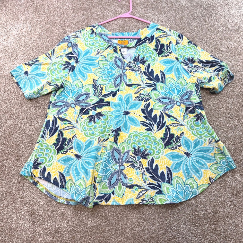 Ruby Rd Womens XL Floral Keyhole Neck Short Sleeve Top Boho Blue Yellow Summer